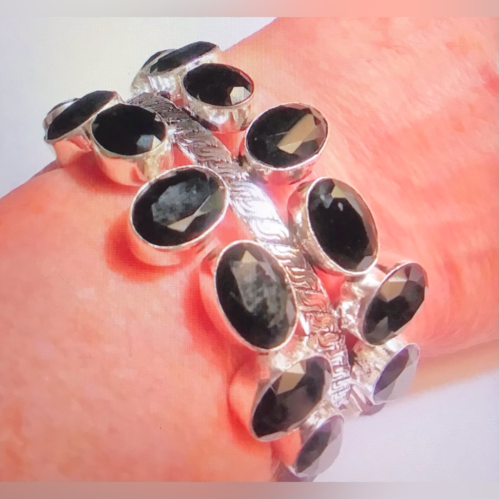 Black Onyx Stamped 925 Sterling Silver Cuff Bracelet